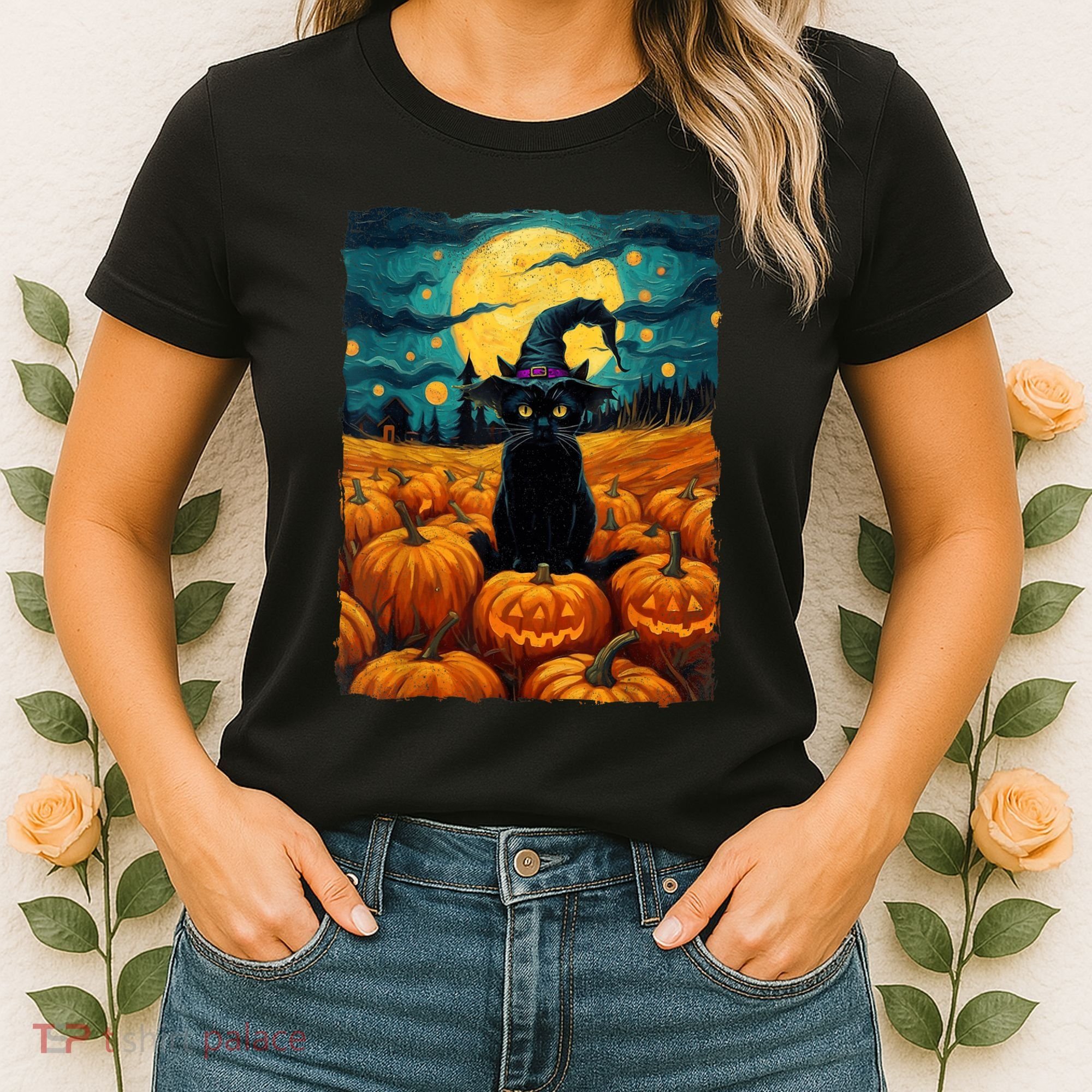 Halloween Black Cat Van Gogh Witch Kawaii Pumpkin Women's T-Shirt