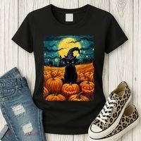 Halloween Black Cat Van Gogh Witch Kawaii Pumpkin Women's T-Shirt thumb 3