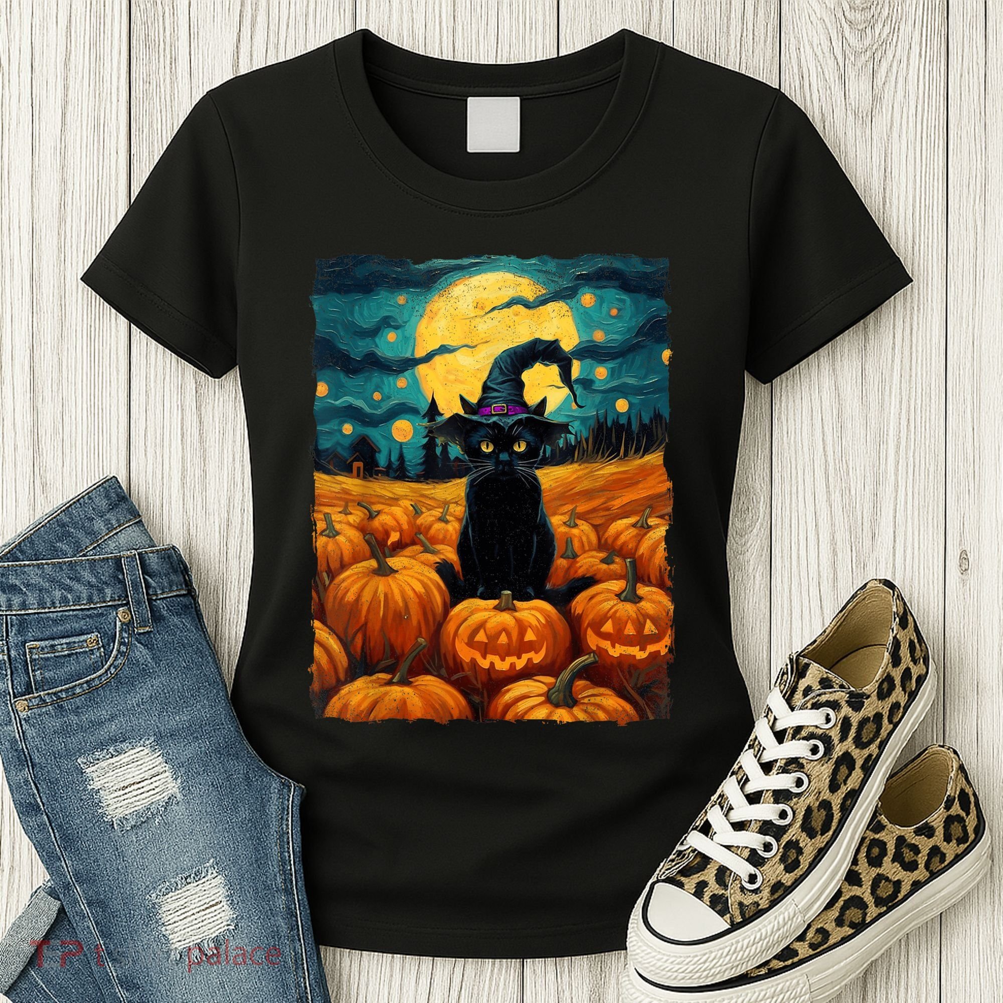 Halloween Black Cat Van Gogh Witch Kawaii Pumpkin Women's T-Shirt