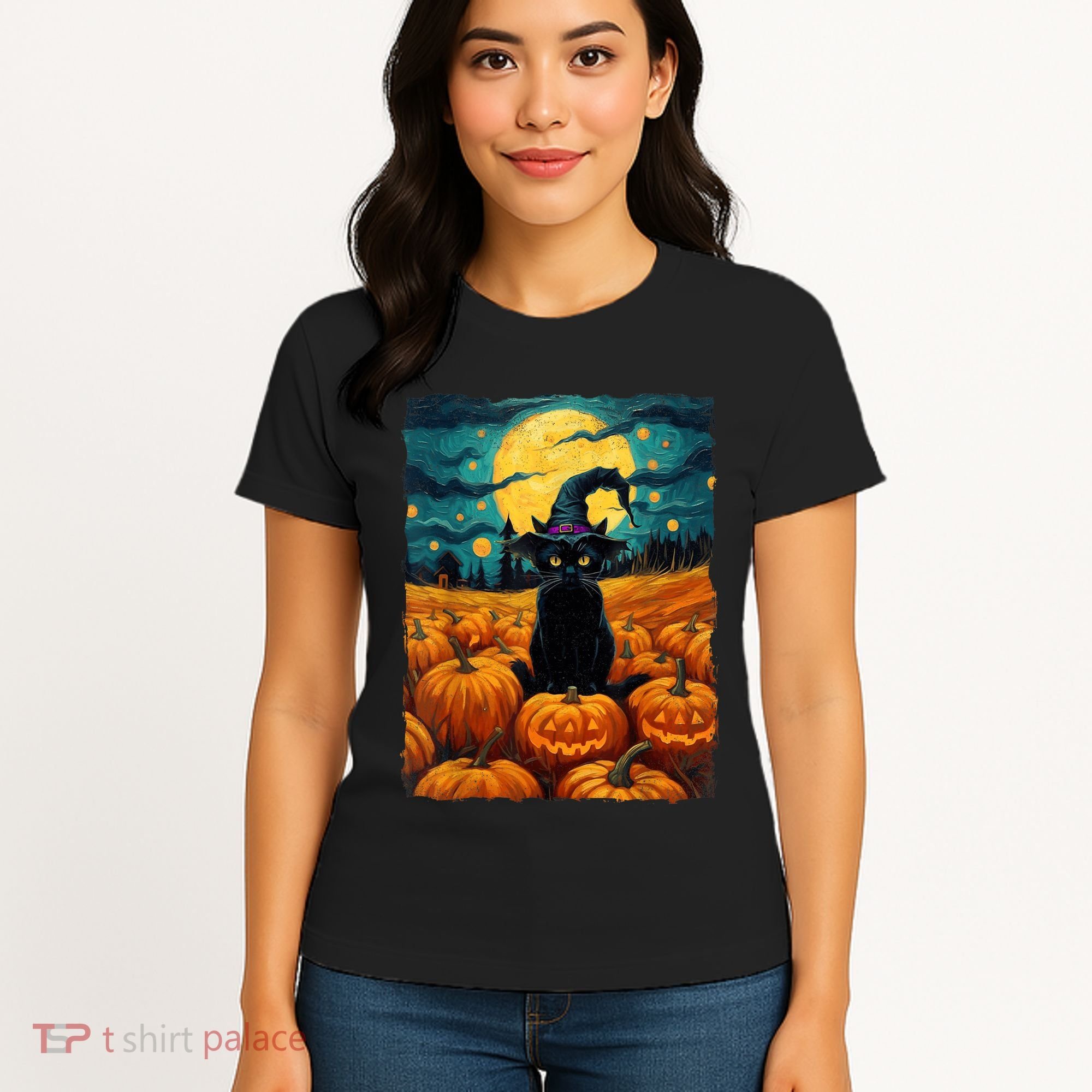 Halloween Black Cat Van Gogh Witch Kawaii Pumpkin Women's T-Shirt