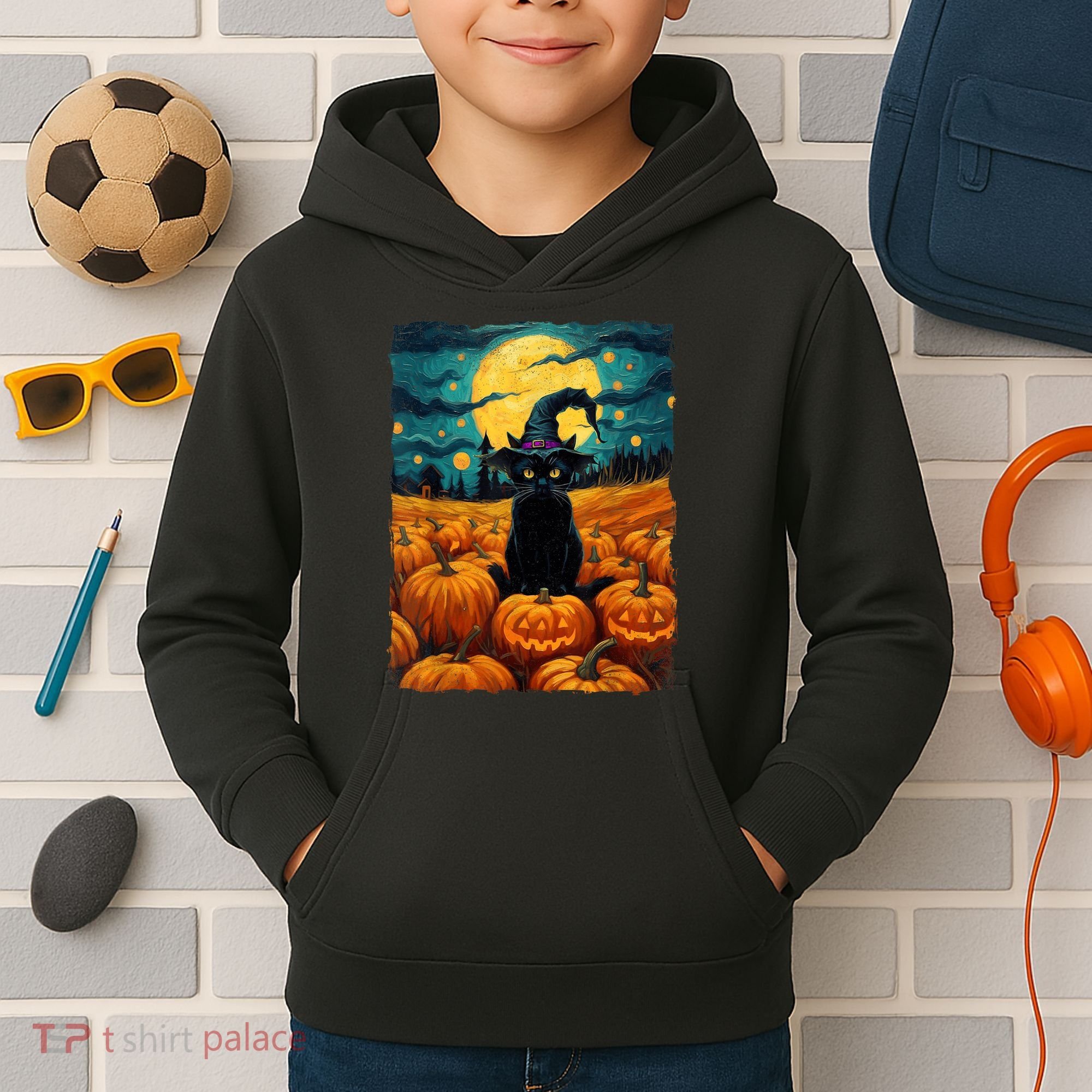 Halloween Black Cat Van Gogh Witch Kawaii Pumpkin Kids Hoodie