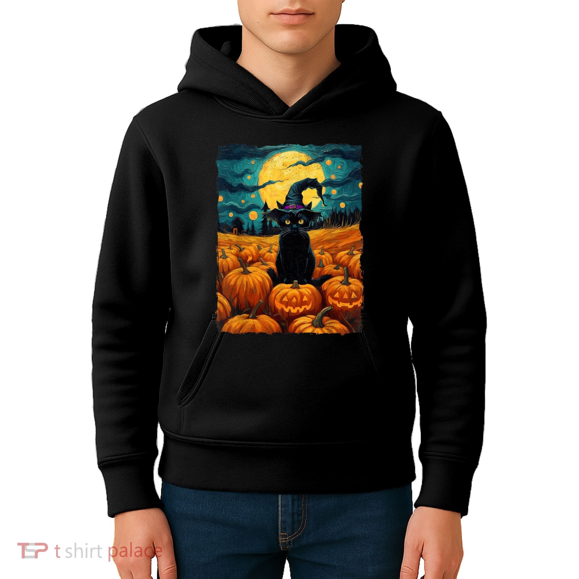Halloween Black Cat Van Gogh Witch Kawaii Pumpkin Kids Hoodie