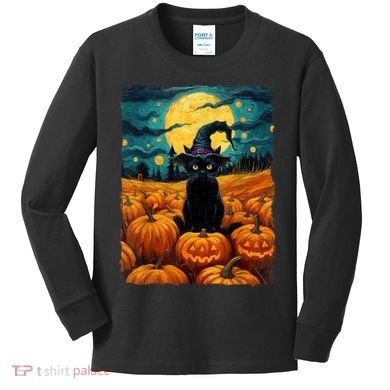 Halloween Black Cat Van Gogh Witch Kawaii Pumpkin Kids Long Sleeve Shirt