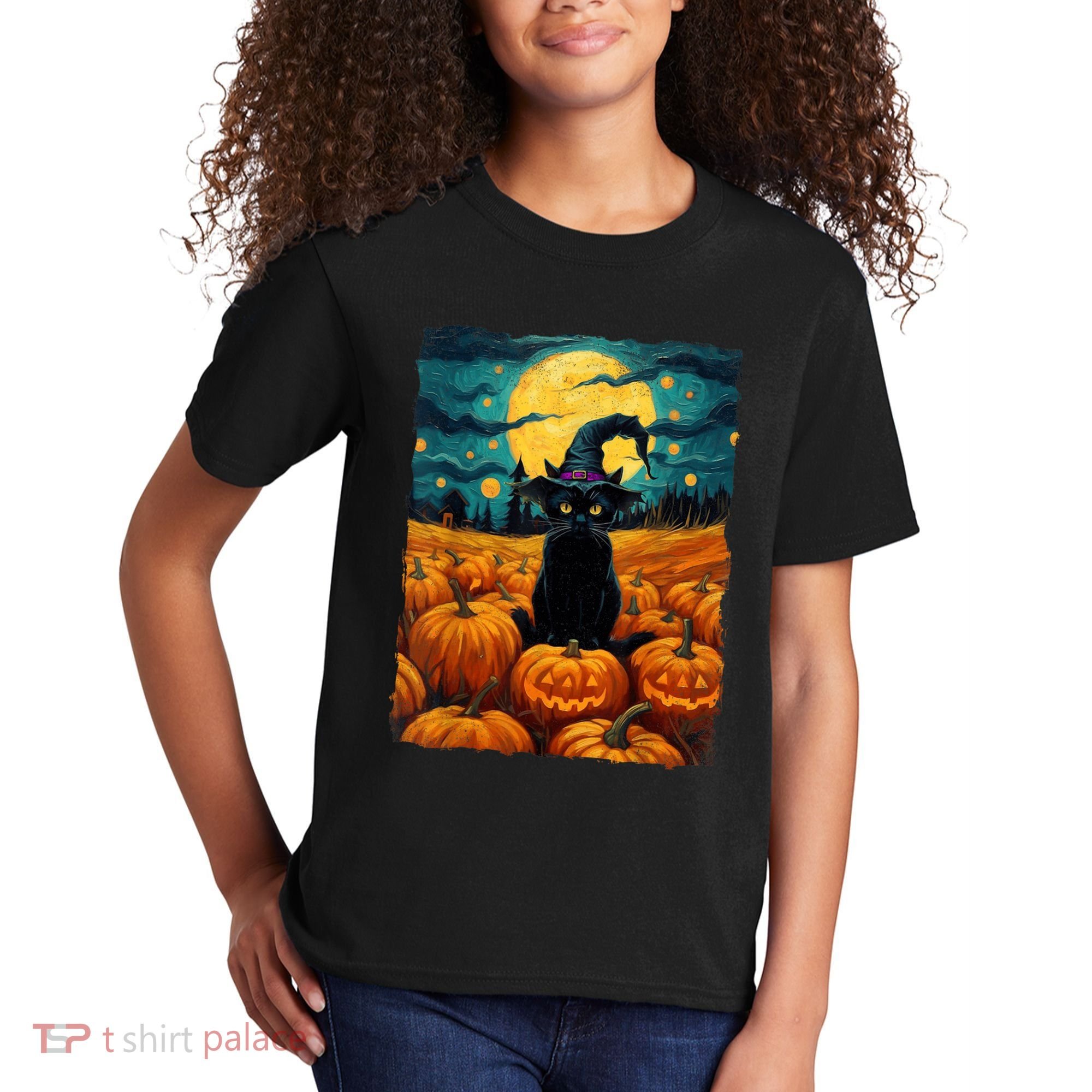 Halloween Black Cat Van Gogh Witch Kawaii Pumpkin Kids T-Shirt