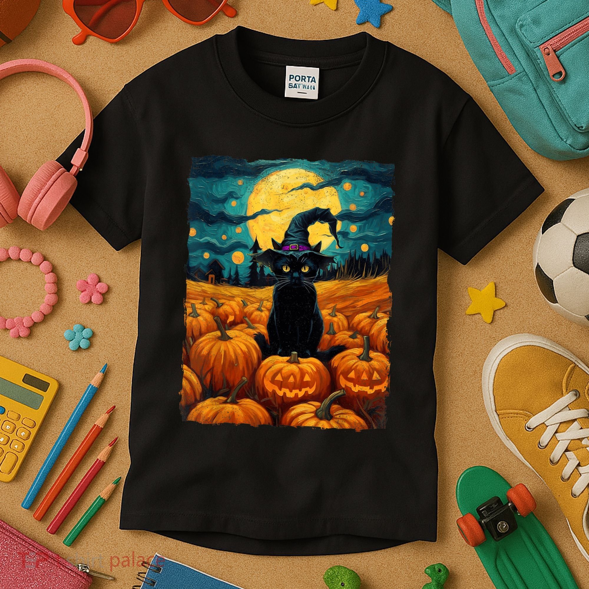 Halloween Black Cat Van Gogh Witch Kawaii Pumpkin Kids T-Shirt