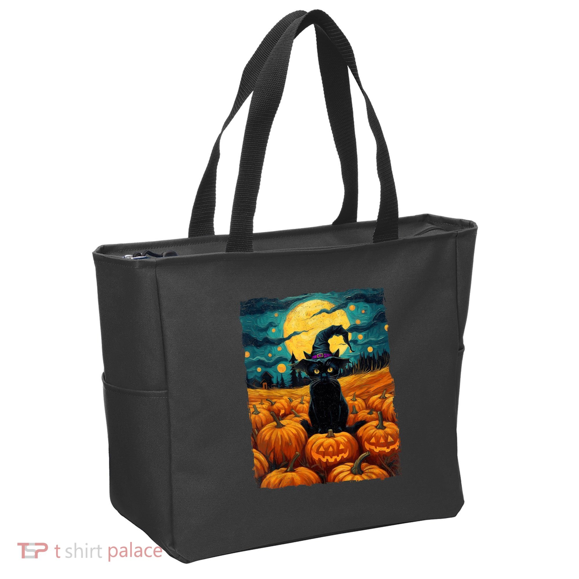 Halloween Black Cat Van Gogh Witch Kawaii Pumpkin Tote Bag