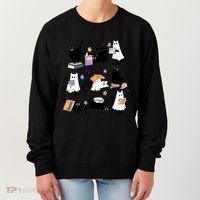 Halloween Bookish Cute Ghost Black Cat Reading Books Spooky Gift Women's Sweatshirt thumb 0