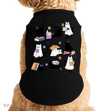 Halloween Bookish Cute Ghost Black Cat Reading Books Spooky Gift Doggie Tank
