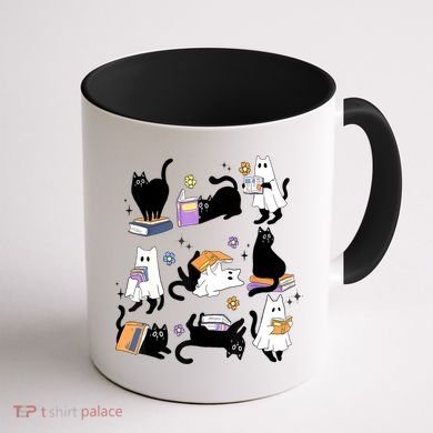 Halloween Bookish Cute Ghost Black Cat Reading Books Spooky Gift Coffee Mug back