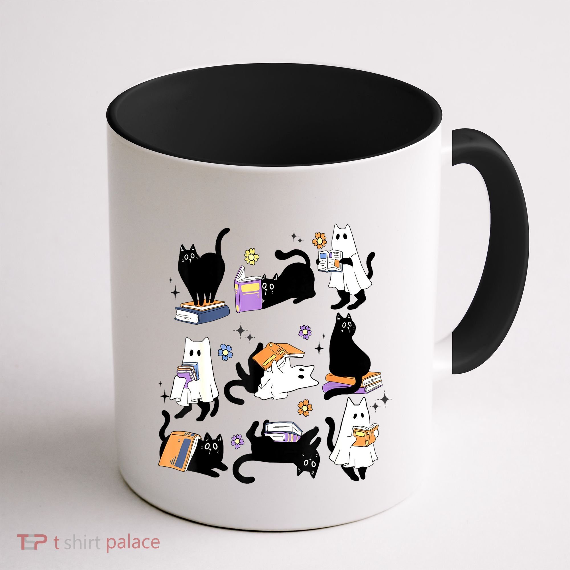 Halloween Bookish Cute Ghost Black Cat Reading Books Spooky Gift Coffee Mug