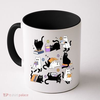 Halloween Bookish Cute Ghost Black Cat Reading Books Spooky Gift Coffee Mug