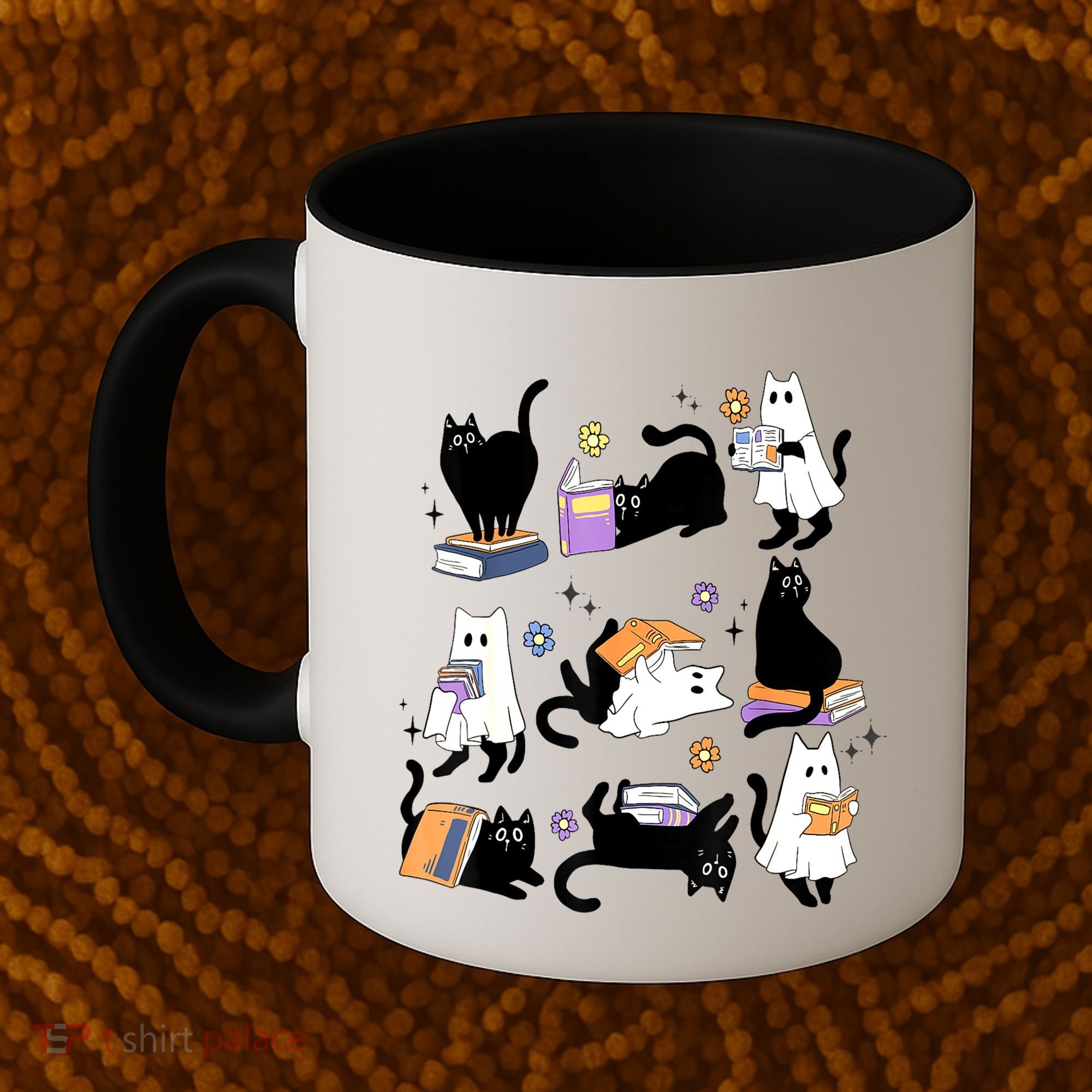 Halloween Bookish Cute Ghost Black Cat Reading Books Spooky Gift Coffee Mug