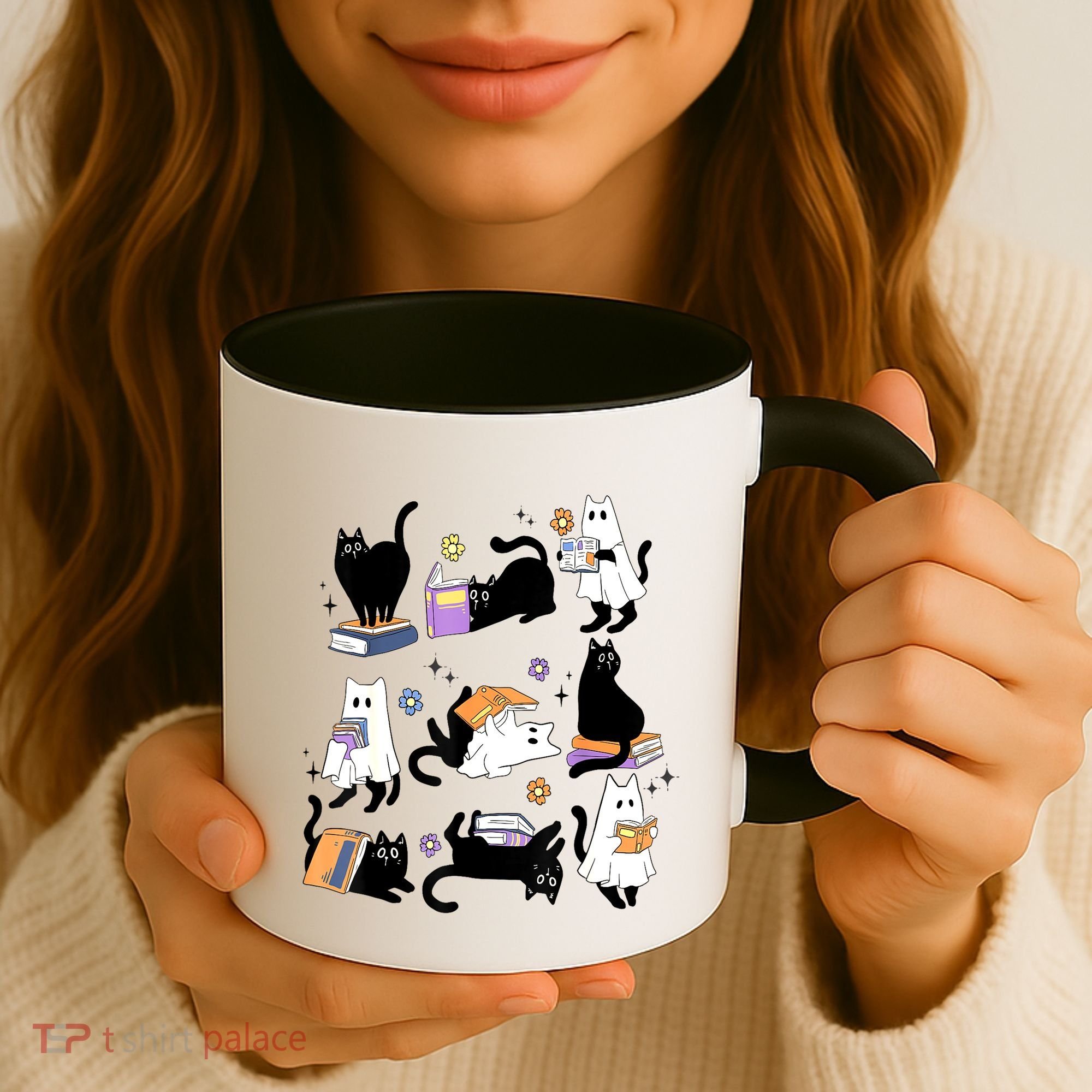 Halloween Bookish Cute Ghost Black Cat Reading Books Spooky Gift Coffee Mug