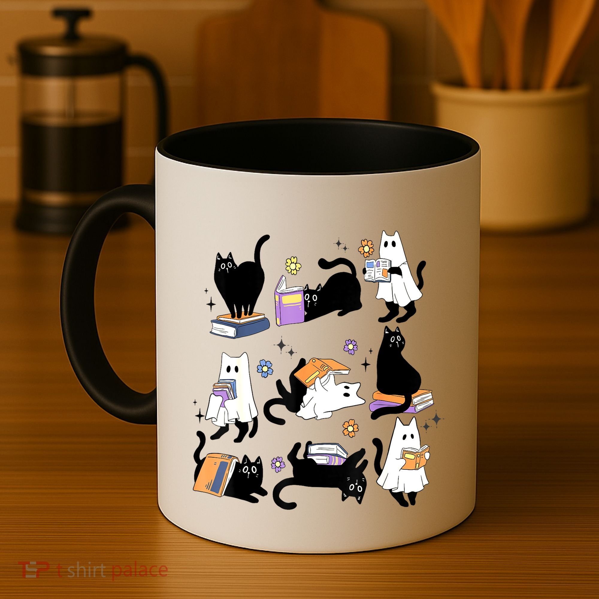 Halloween Bookish Cute Ghost Black Cat Reading Books Spooky Gift Coffee Mug