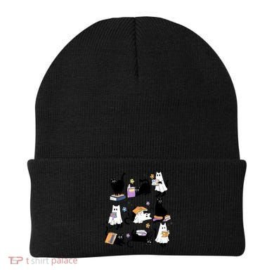 Halloween Bookish Cute Ghost Black Cat Reading Books Spooky Gift Beanie