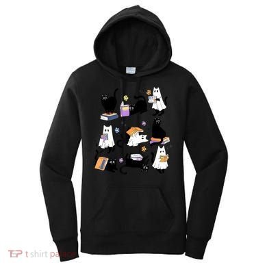 Halloween Bookish Cute Ghost Black Cat Reading Books Spooky Gift Women's Hoodie