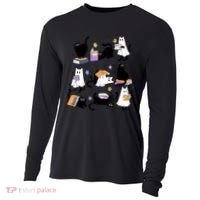 Halloween Bookish Cute Ghost Black Cat Reading Books Spooky Gift Cooling Performance Long Sleeve Crew thumb 0