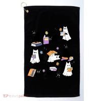 Halloween Bookish Cute Ghost Black Cat Reading Books Spooky Gift Golf Towel thumb 0