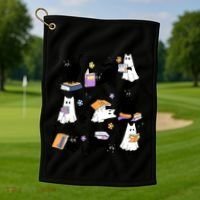 Halloween Bookish Cute Ghost Black Cat Reading Books Spooky Gift Golf Towel thumb 1