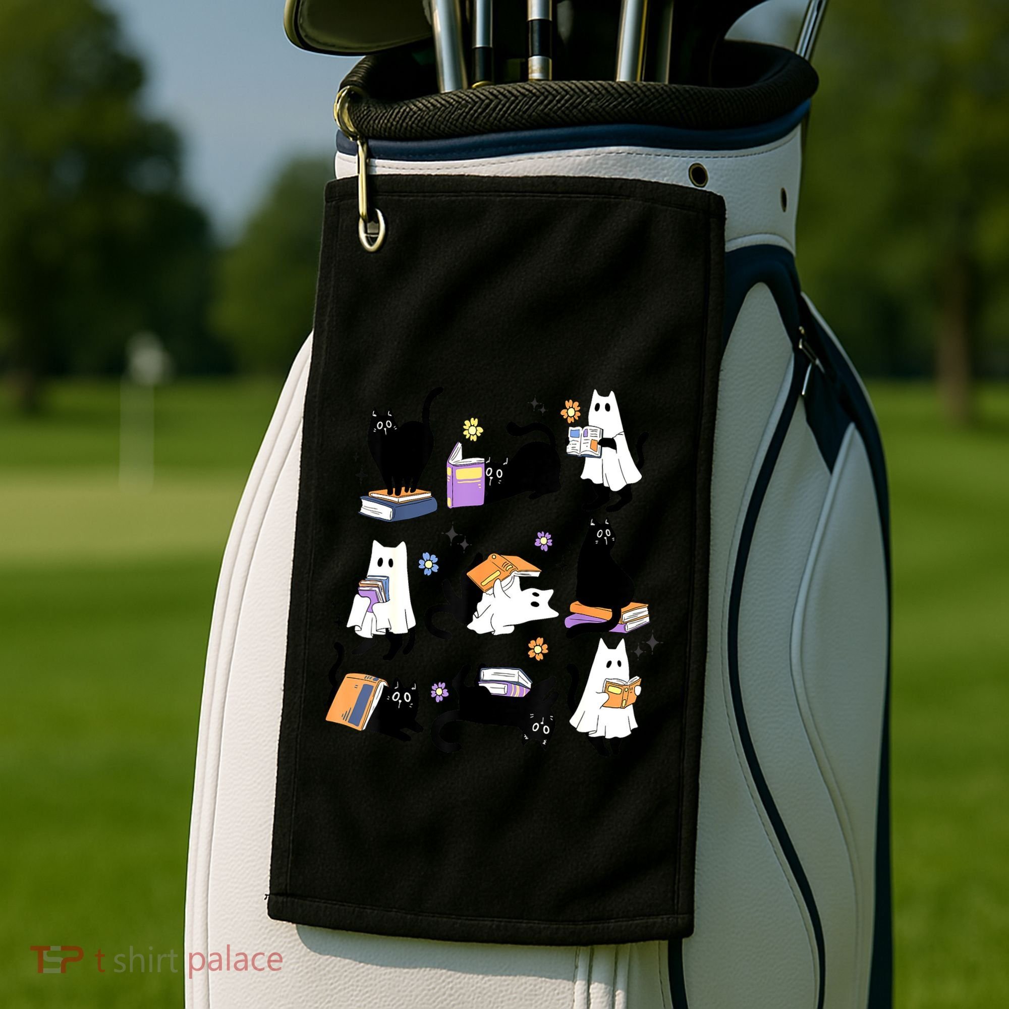 Halloween Bookish Cute Ghost Black Cat Reading Books Spooky Gift Golf Towel