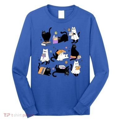 Halloween Bookish Cute Ghost Black Cat Reading Books Spooky Gift Long Sleeve Shirt