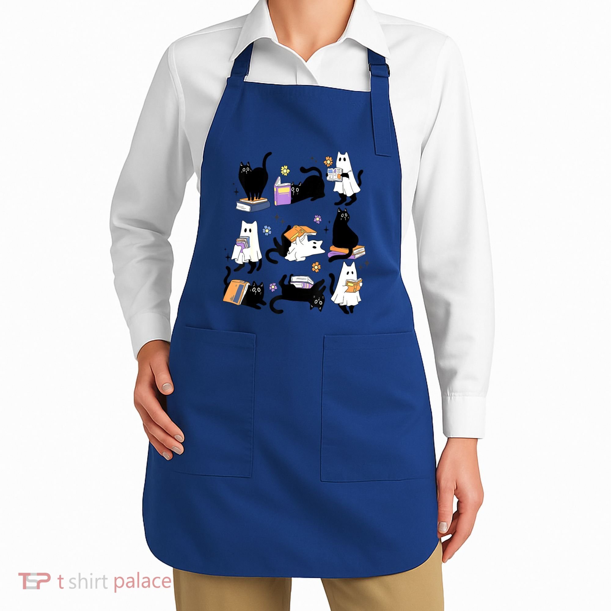 Halloween Bookish Cute Ghost Black Cat Reading Books Spooky Gift Apron