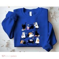 Halloween Bookish Cute Ghost Black Cat Reading Books Spooky Gift Sweatshirt thumb 2