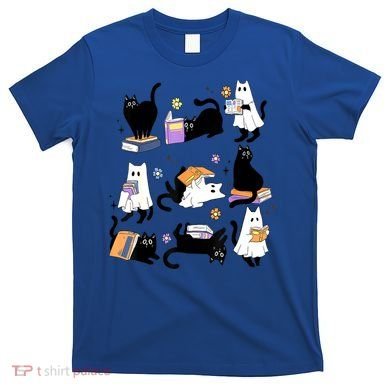 Halloween Bookish Cute Ghost Black Cat Reading Books Spooky Gift T-Shirt