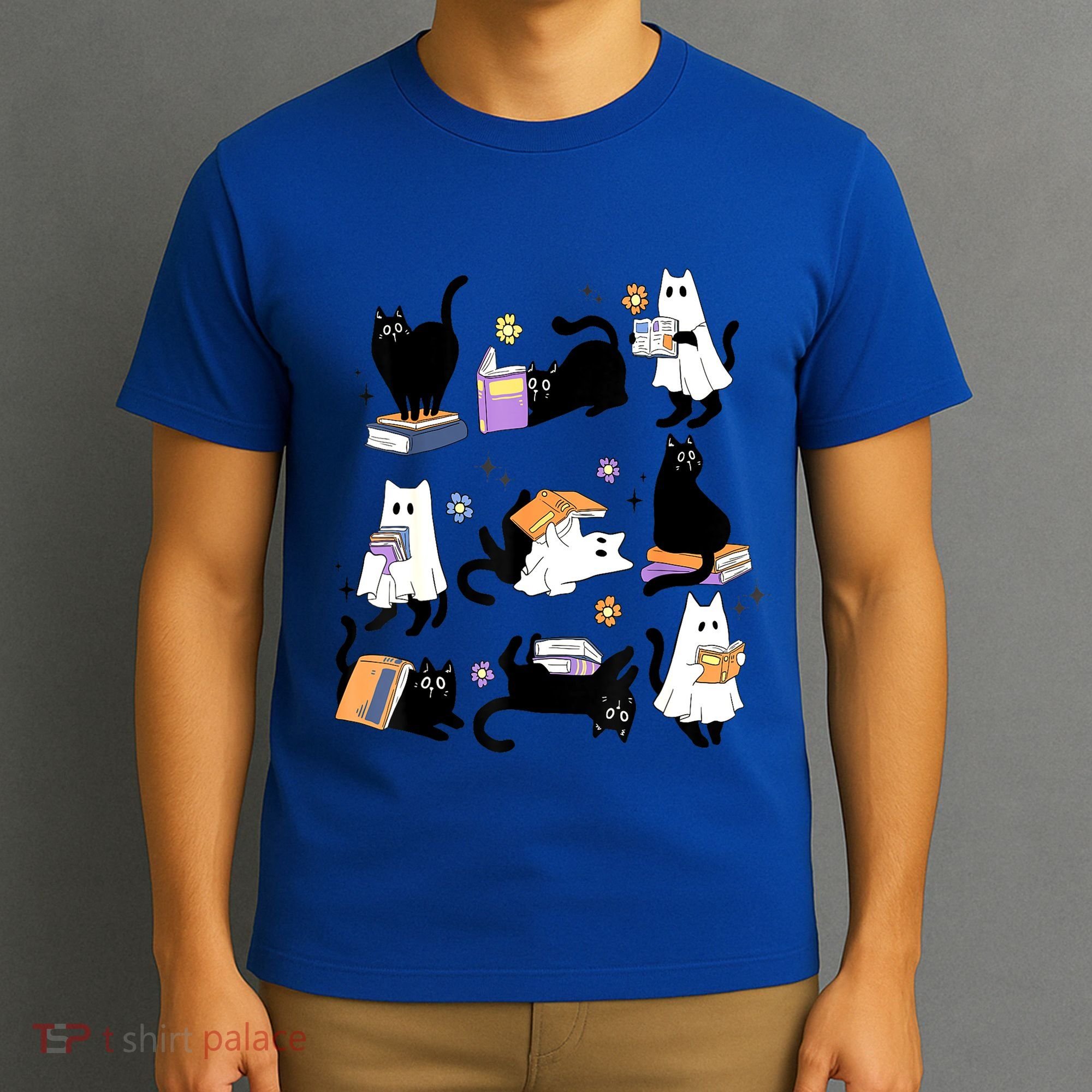 Halloween Bookish Cute Ghost Black Cat Reading Books Spooky Gift T-Shirt