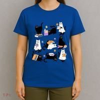 Halloween Bookish Cute Ghost Black Cat Reading Books Spooky Gift T-Shirt thumb 4
