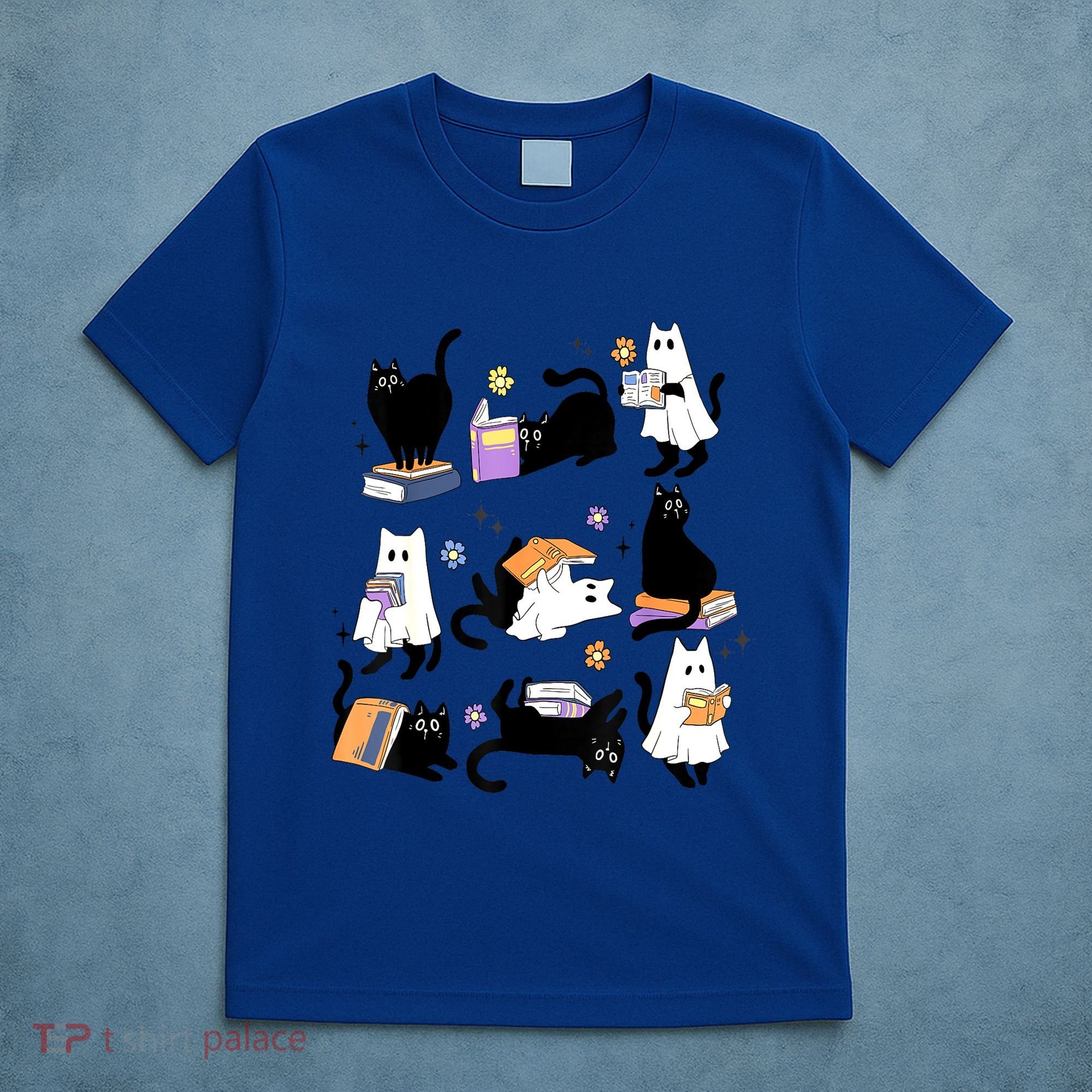 Halloween Bookish Cute Ghost Black Cat Reading Books Spooky Gift T-Shirt