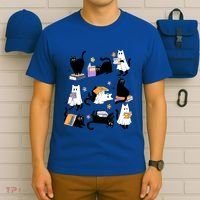 Halloween Bookish Cute Ghost Black Cat Reading Books Spooky Gift T-Shirt thumb 6