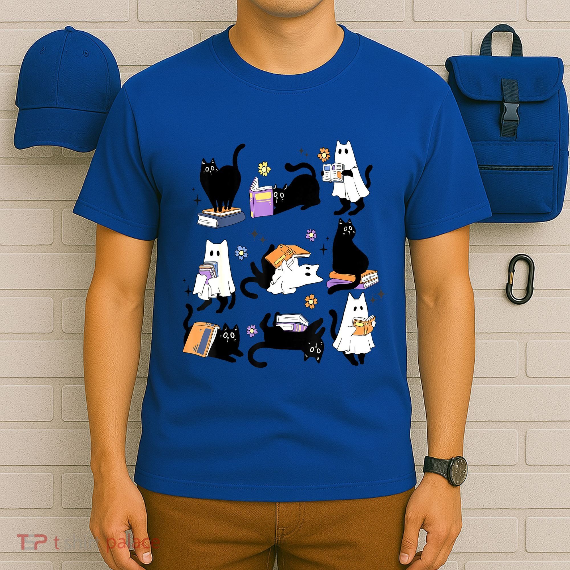 Halloween Bookish Cute Ghost Black Cat Reading Books Spooky Gift T-Shirt