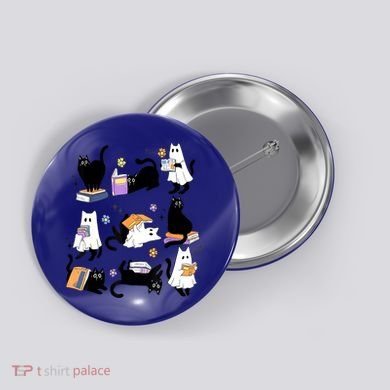 Halloween Bookish Cute Ghost Black Cat Reading Books Spooky Gift Button
