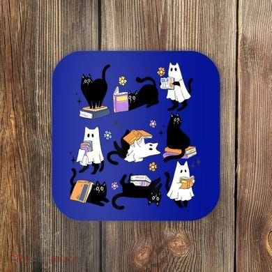 Halloween Bookish Cute Ghost Black Cat Reading Books Spooky Gift Coaster
