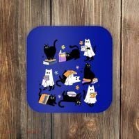 Halloween Bookish Cute Ghost Black Cat Reading Books Spooky Gift Coaster thumb 0