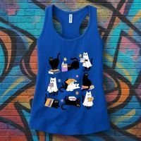 Halloween Bookish Cute Ghost Black Cat Reading Books Spooky Gift Women's Tank Top thumb 3