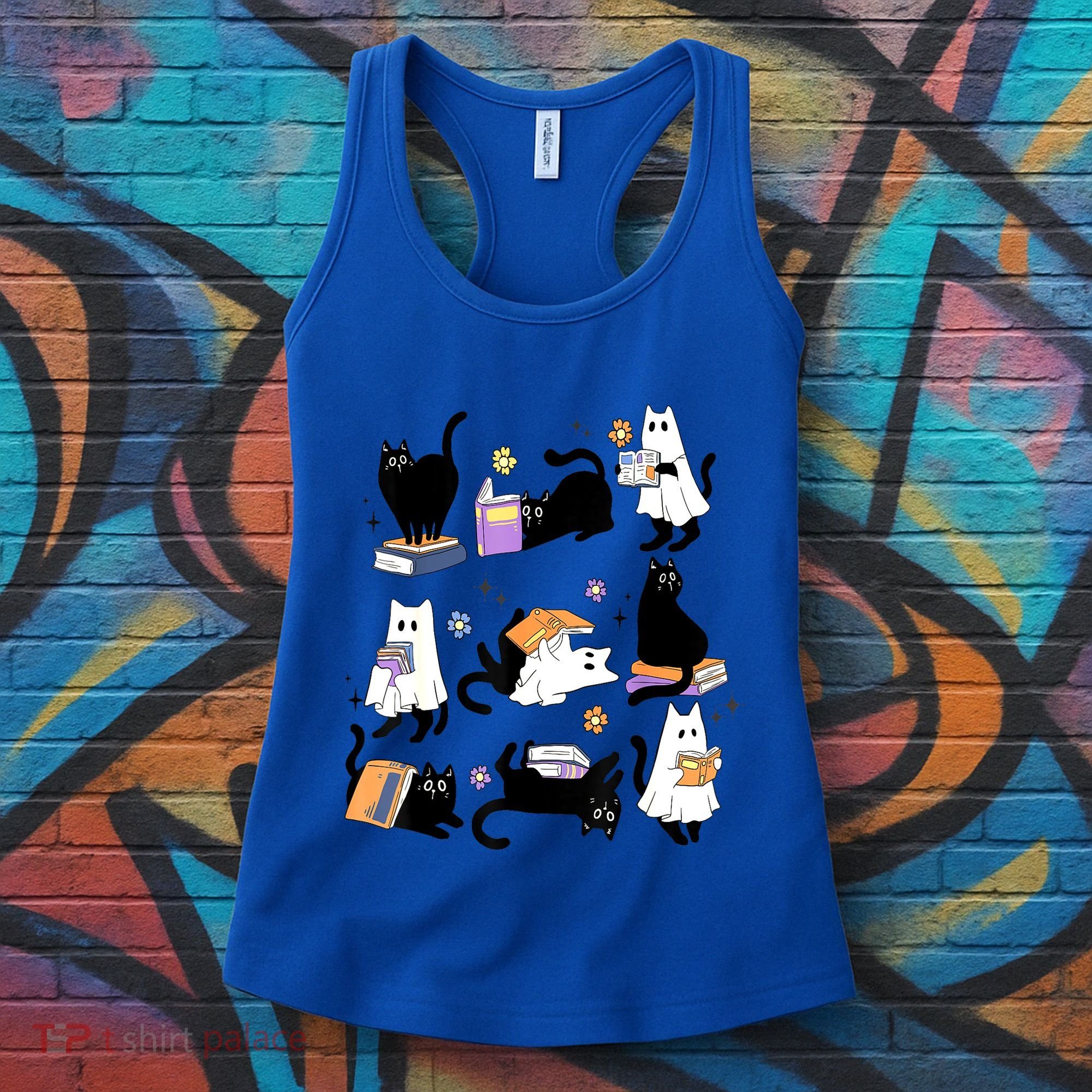 Halloween Bookish Cute Ghost Black Cat Reading Books Spooky Gift Women's Tank Top