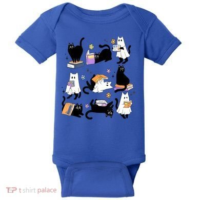 Halloween Bookish Cute Ghost Black Cat Reading Books Spooky Gift Baby Bodysuit