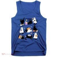 Halloween Bookish Cute Ghost Black Cat Reading Books Spooky Gift Tank Top thumb 0