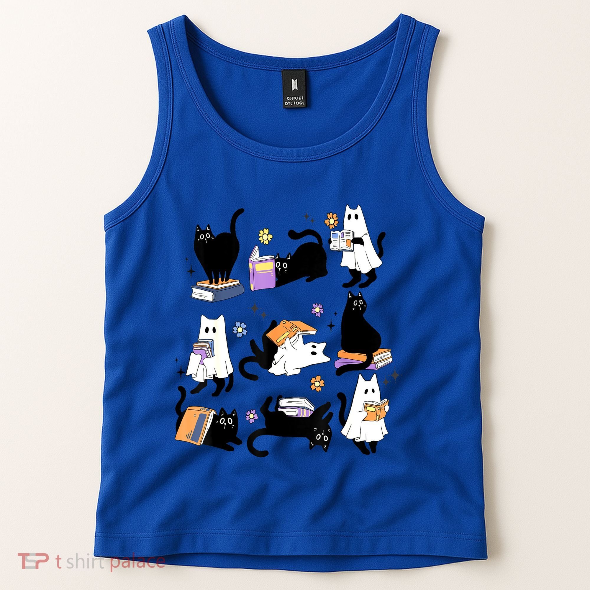 Halloween Bookish Cute Ghost Black Cat Reading Books Spooky Gift Tank Top