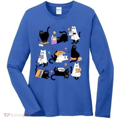 Halloween Bookish Cute Ghost Black Cat Reading Books Spooky Gift Women's Long Sleeve Shirt