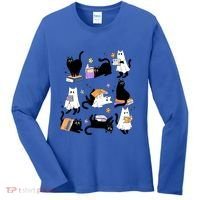 Halloween Bookish Cute Ghost Black Cat Reading Books Spooky Gift Women's Long Sleeve Shirt thumb 0