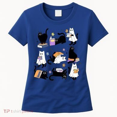 Halloween Bookish Cute Ghost Black Cat Reading Books Spooky Gift Women's T-Shirt