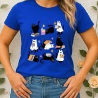 Halloween Bookish Cute Ghost Black Cat Reading Books Spooky Gift Women's T-Shirt thumb 2