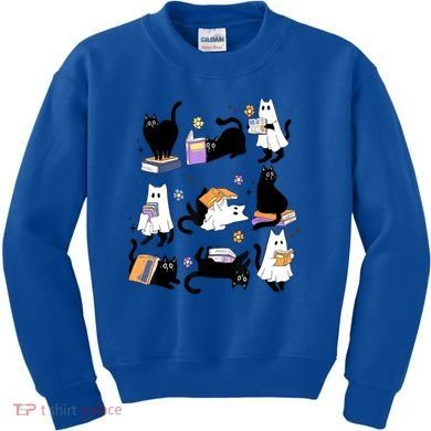 Halloween Bookish Cute Ghost Black Cat Reading Books Spooky Gift Kids Sweatshirt