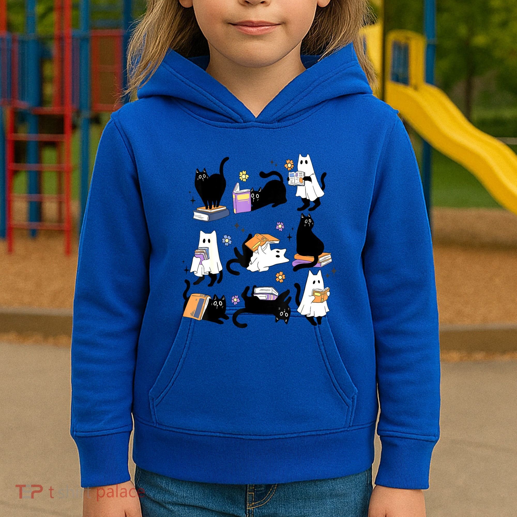 Halloween Bookish Cute Ghost Black Cat Reading Books Spooky Gift Kids Hoodie