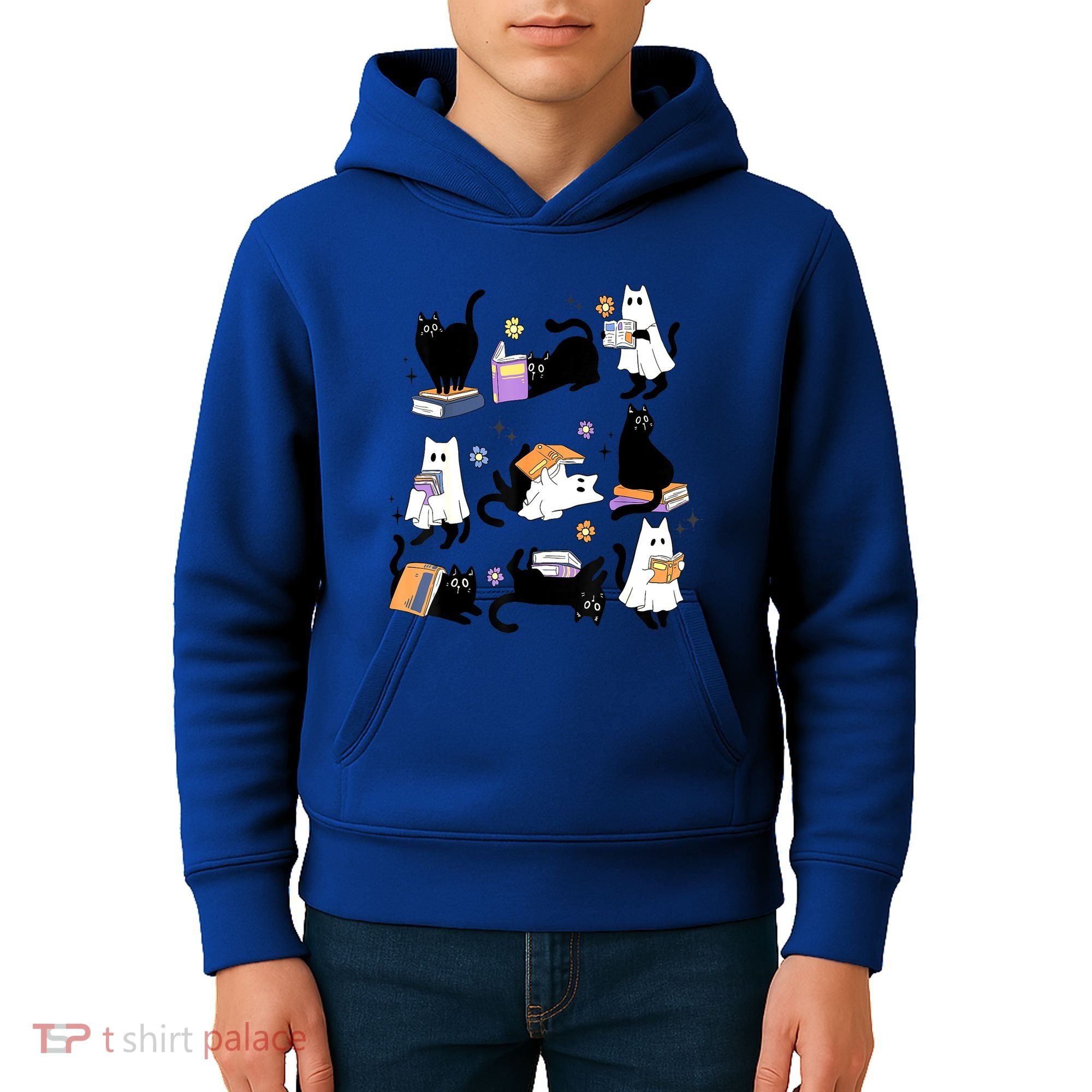 Halloween Bookish Cute Ghost Black Cat Reading Books Spooky Gift Kids Hoodie