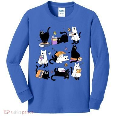 Halloween Bookish Cute Ghost Black Cat Reading Books Spooky Gift Kids Long Sleeve Shirt
