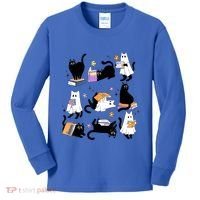 Halloween Bookish Cute Ghost Black Cat Reading Books Spooky Gift Kids Long Sleeve Shirt thumb 0